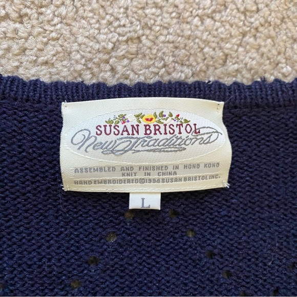 NWT ~ VTG ~ 1990s ~ Susan Bristol ~ Navy Sweater ~ Embroidered Flower ~ Size L - Picture 6 of 7
